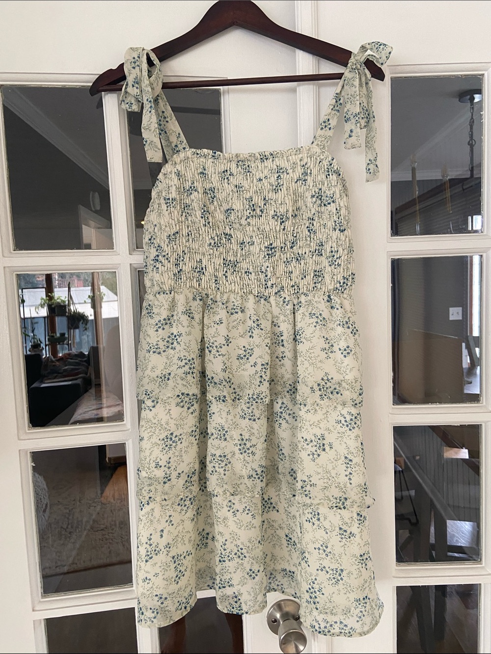Altar'd State Cream Floral Smocked Mini Dress with Blue Print and Tiered Skirt